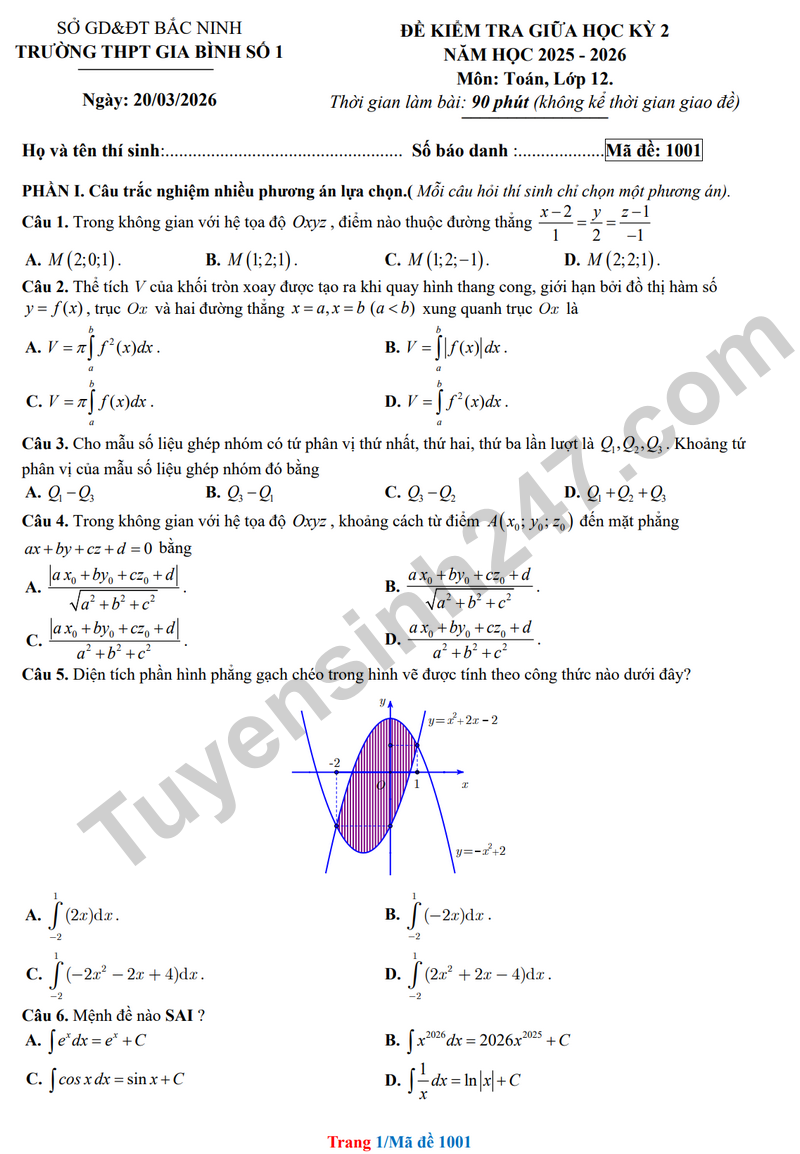 De giua hoc ky 2 Toan 12 truong THPT Gia Binh 1 nam 2026 (Co dap an)
