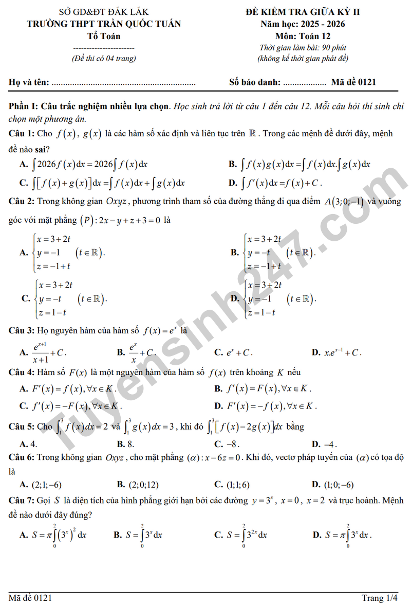 De giua hoc ky 2 Toan 12 truong THPT Tran Quoc Tuan nam 2026