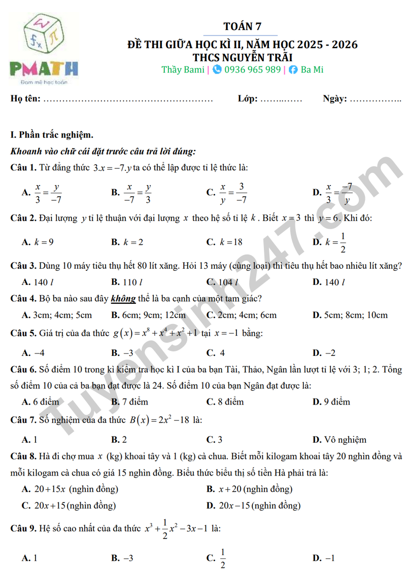 De giua hoc ky 2 Toan 7 truong THCS Nguyen Trai – Ha Noi nam 2026 (Co dap an)