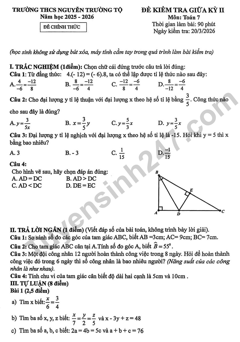 De giua ky 2 Toan 7 truong THCS Nguyen Truong To nam 2026