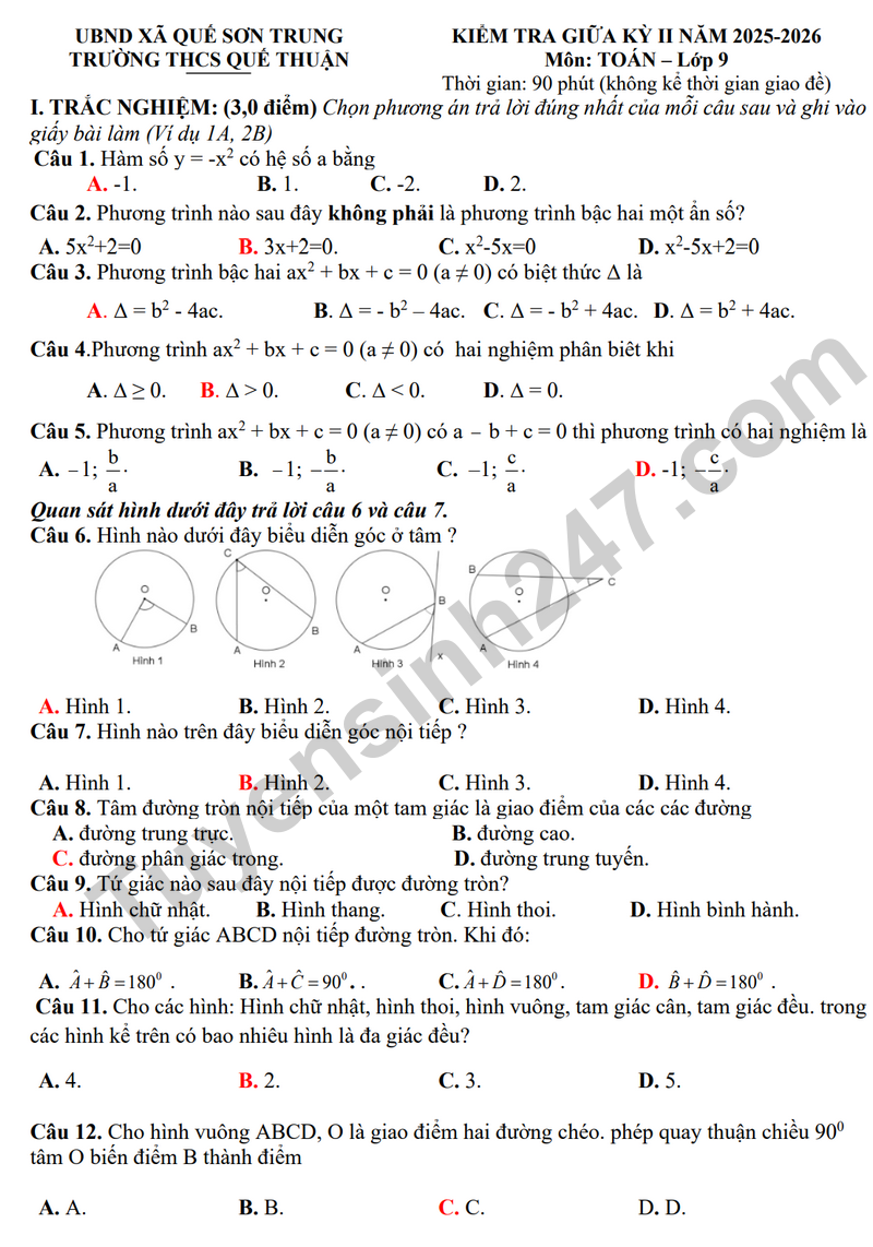 De giua ky 2 Toan 9 truong THCS Que Thuan nam 2026 (Co dap an)