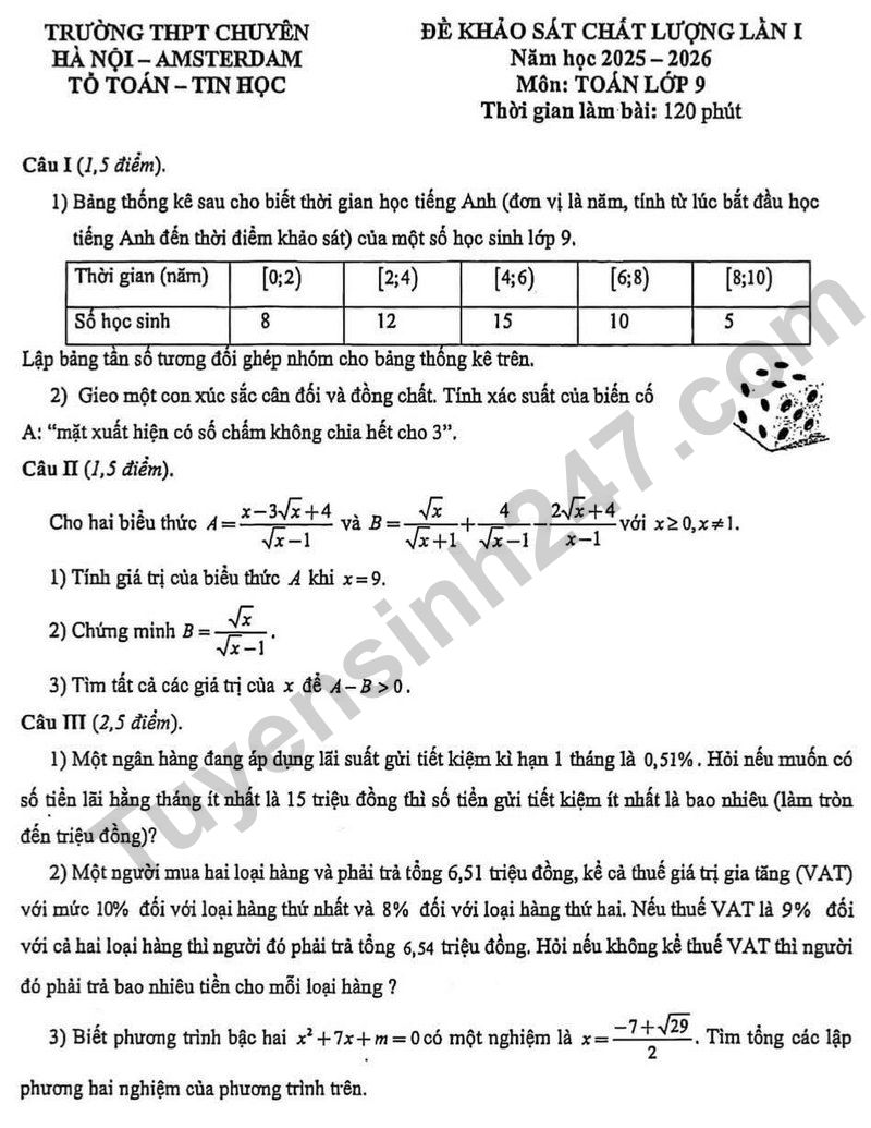 De thi thu vao 10 mon Toan lan 1 truong Chuyen Amsterdam nam 2026