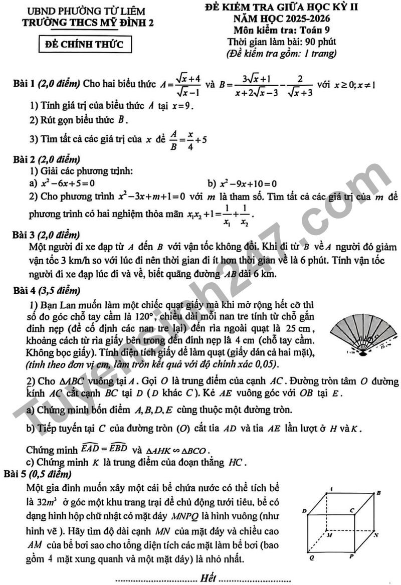 De giua hoc ky 2 Toan 9 truong THCS My Dinh 2 nam 2026