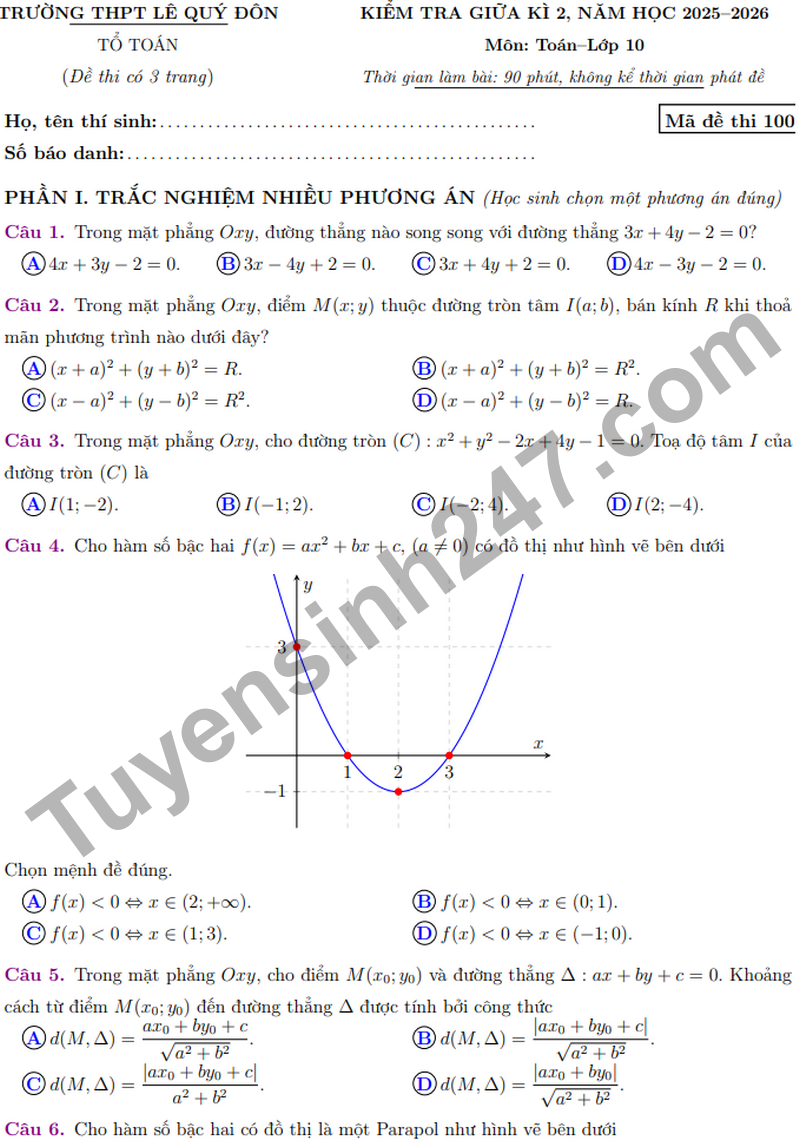 De giua ki 2 Toan 10 truong THPT Le Quy Don nam 2026 (Co dap an)