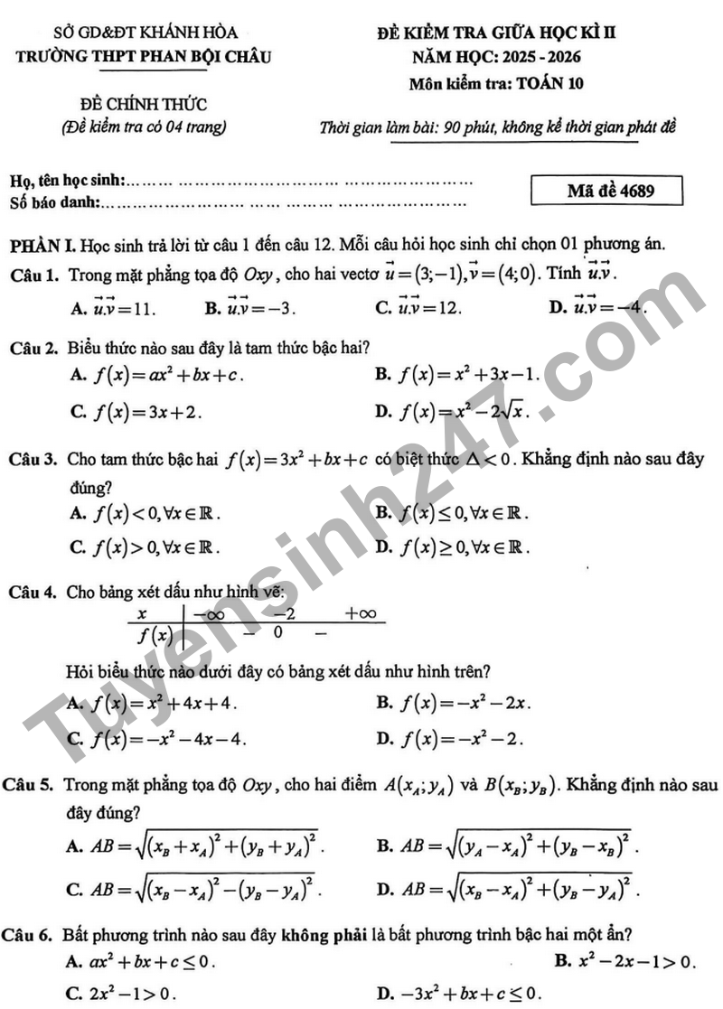 De giua ki 2 Toan 10 truong THPT Phan Boi Chau nam 2026
