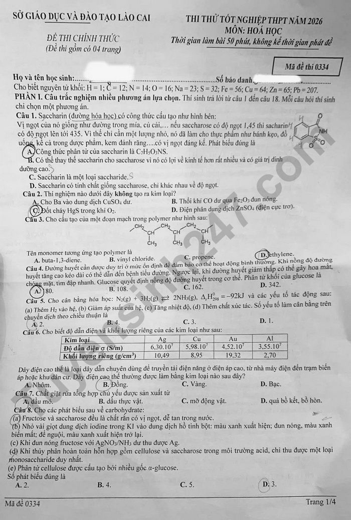 De thi thu tot nghiep THPT 2026 So GDDT Lao Cai - mon Hoa