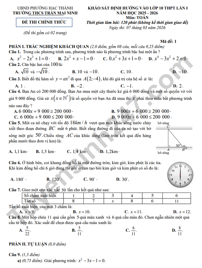 De thi thu mon Toan vao lop 10 nam 2026 lan 1 - THCS Tran Mai Ninh (co dap an)