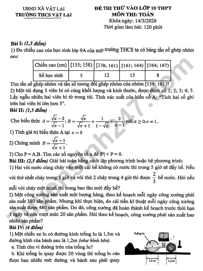 De thi thu vao lop 10 mon Toan 2026 - THCS Vat Lai
