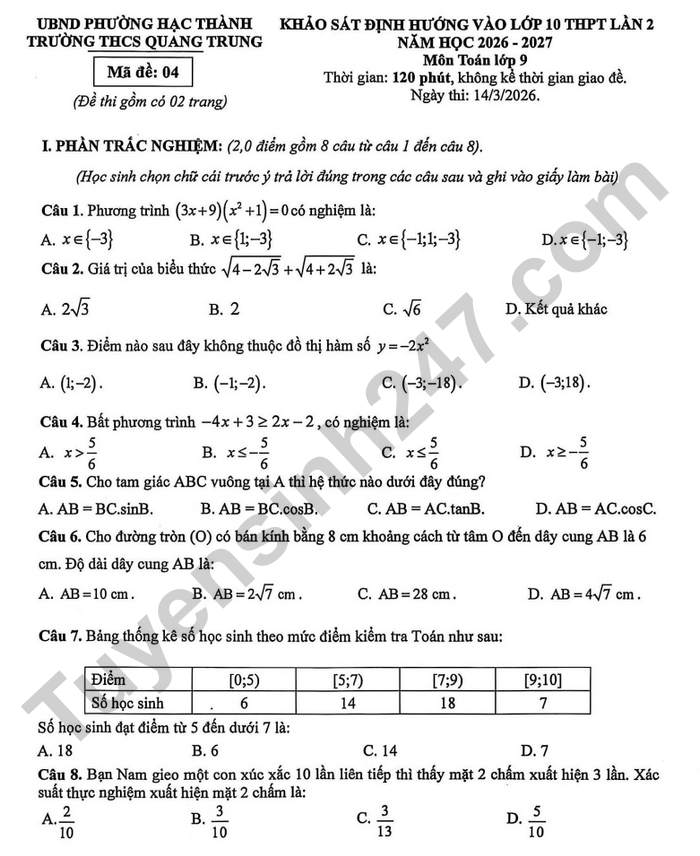 De thi thu vao lop 10 nam 2026 mon Toan - THCS Quang Trung (lan 2)