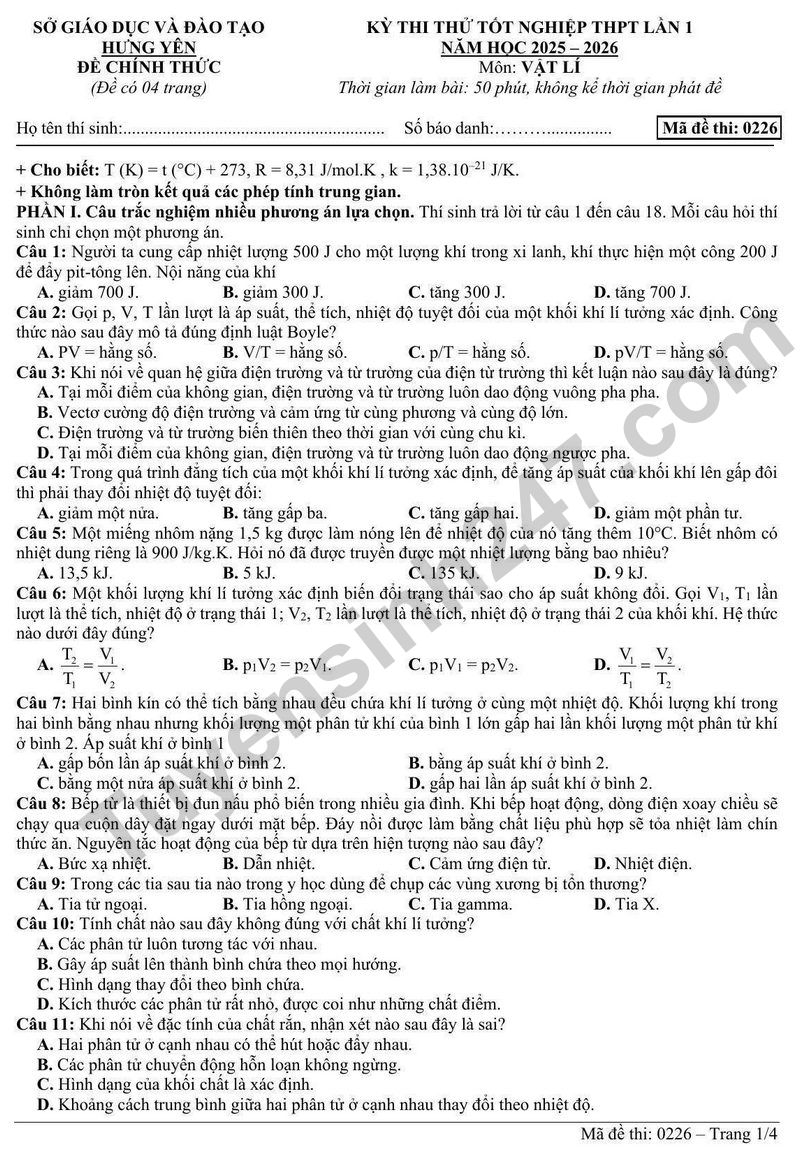 De thi thu tot nghiep THPT 2026 lan 1 mon Vat ly - So GD&DT Hung Yen
