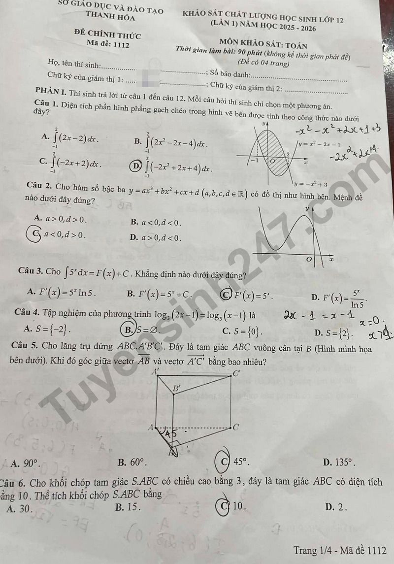 De thi thu tot nghiep THPT nam 2026 lan 1 mon Toan So GD&DT tinh Thanh Hoa (Co dap an)