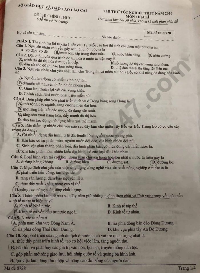 De thi thu mon Dia tot nghiep THPT 2026 - So GD Lao Cai