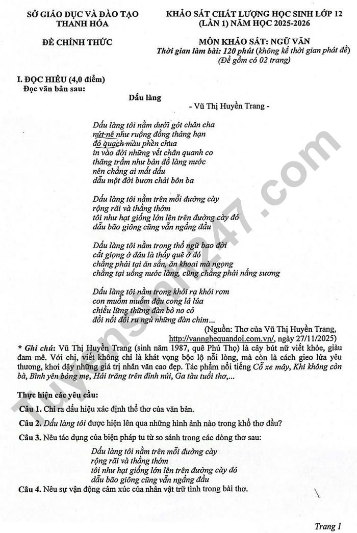 De thi thu TN THPT 2026 mon Van lan 1 - So GD Thanh Hoa