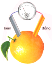 Pin chanh được thiết lập gồm một dây đồng và dây kẽm ghim vào một quả chanh  và nối với bóng điện như hình dưới. Bóng điện sáng đồng nghĩa với sự