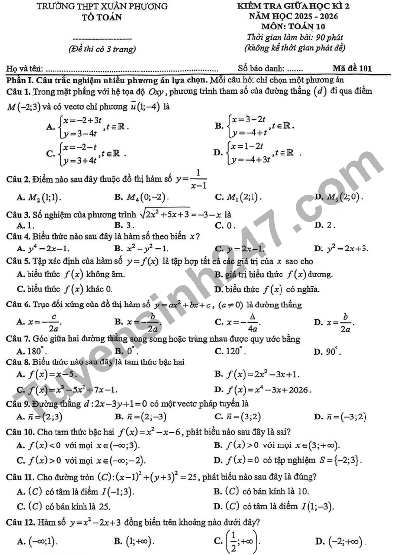 De giua ki 2 Toan 10 truong THPT Xuan Phuong nam 2026