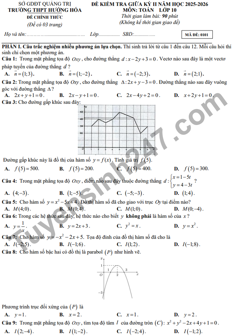 De giua ky 2 Toan 10 truong THPT Huong Hoa  nam 2026