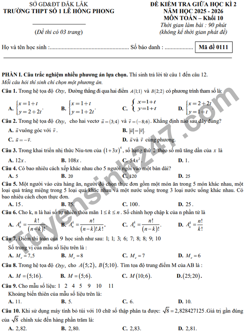 De giua ki 2 Toan 10 truong THPT Le Hong Phong 1 nam 2026
