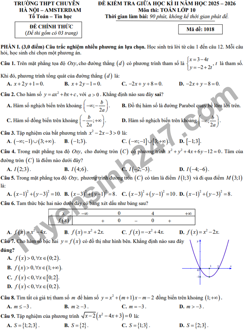 De giua hoc ki 2 Toan 10 truong THPT chuyen Amsterdam nam 2026