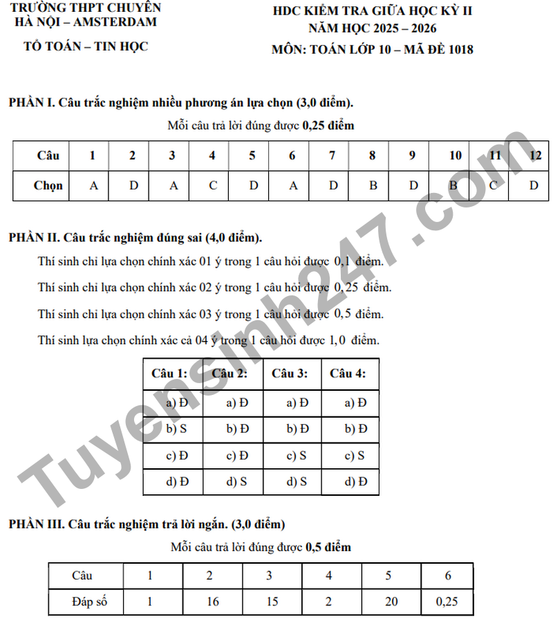 De giua hoc ki 2 Toan 10 truong THPT chuyen Amsterdam nam 2026