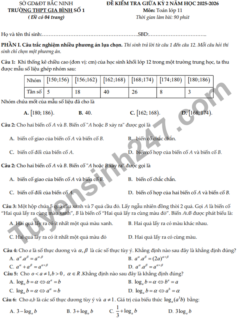 De giua hoc ky 2 Toan 11 truong THPT Gia Binh 1 nam 2026
