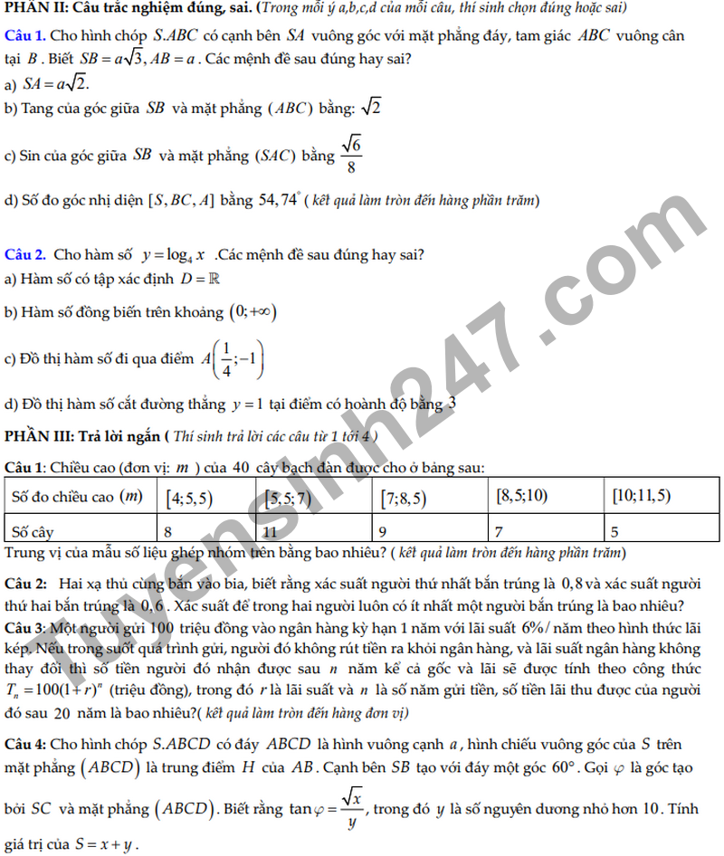 De giua hoc ky 2 Toan 11 truong THPT Gia Binh 1 nam 2026