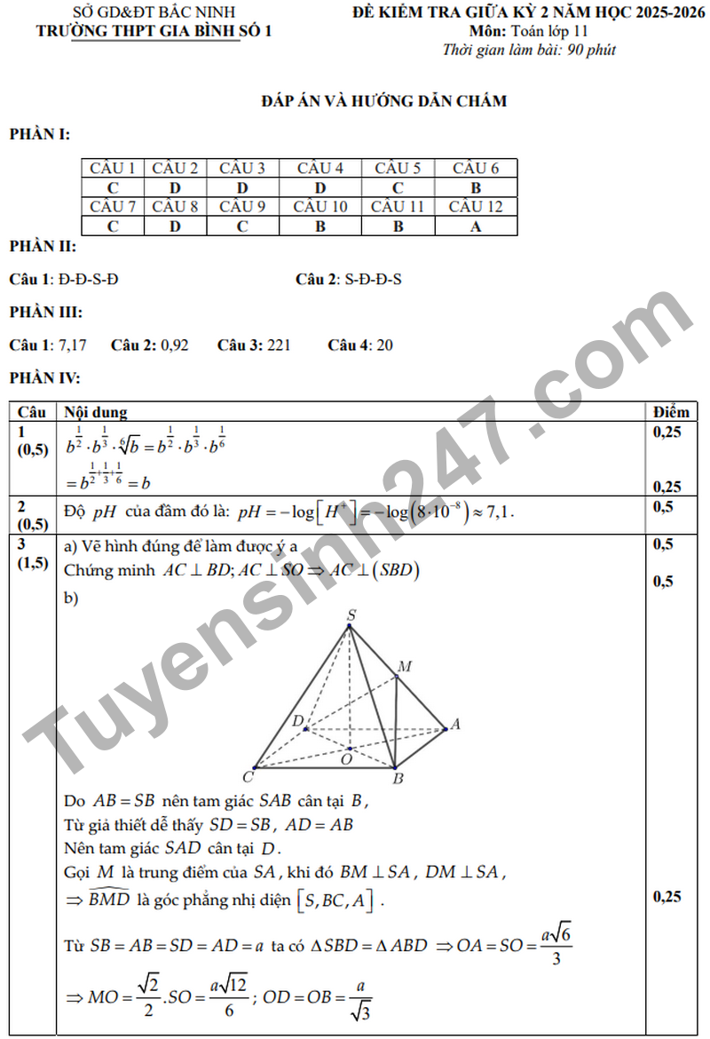 De giua hoc ky 2 Toan 11 truong THPT Gia Binh 1 nam 2026