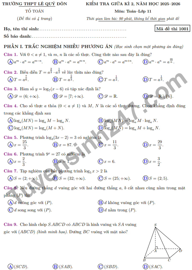 De giua ki 2 Toan 11 truong THPT Le Quy Don nam 2026
