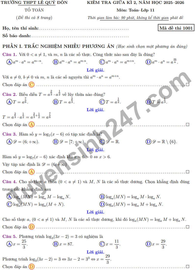 De giua ki 2 Toan 11 truong THPT Le Quy Don nam 2026