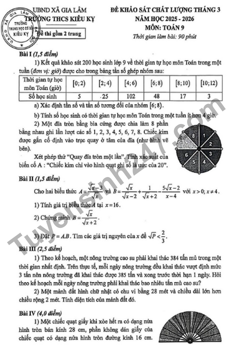 De khao sat Toan 9 truong THCS Kieu Ky nam 2026