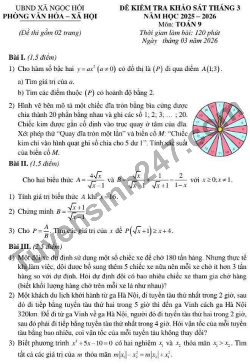 De khao sat chat luong Toan 9 thang 3 xa Ngoc Hoi nam 2026
