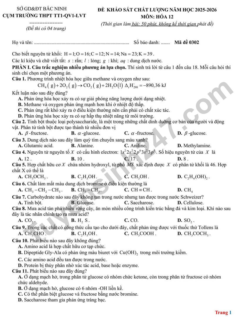 Dap an va de thi thu tot nghiep THPT 2026 lan 1 mon Hoa Lien truong So GDDT Bac Ninh