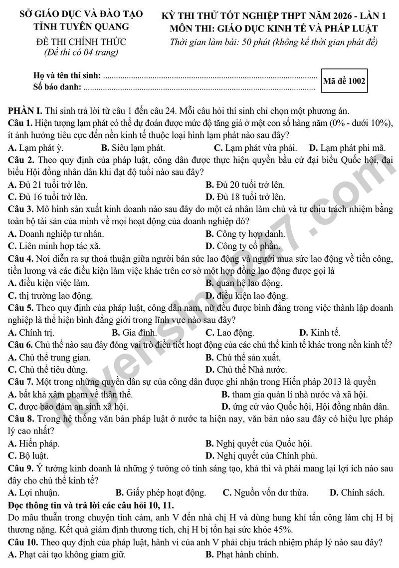 De thi thu tot nghiep THPT 2026 mon GDKTPL lan 1 - So GD Tuyen Quang