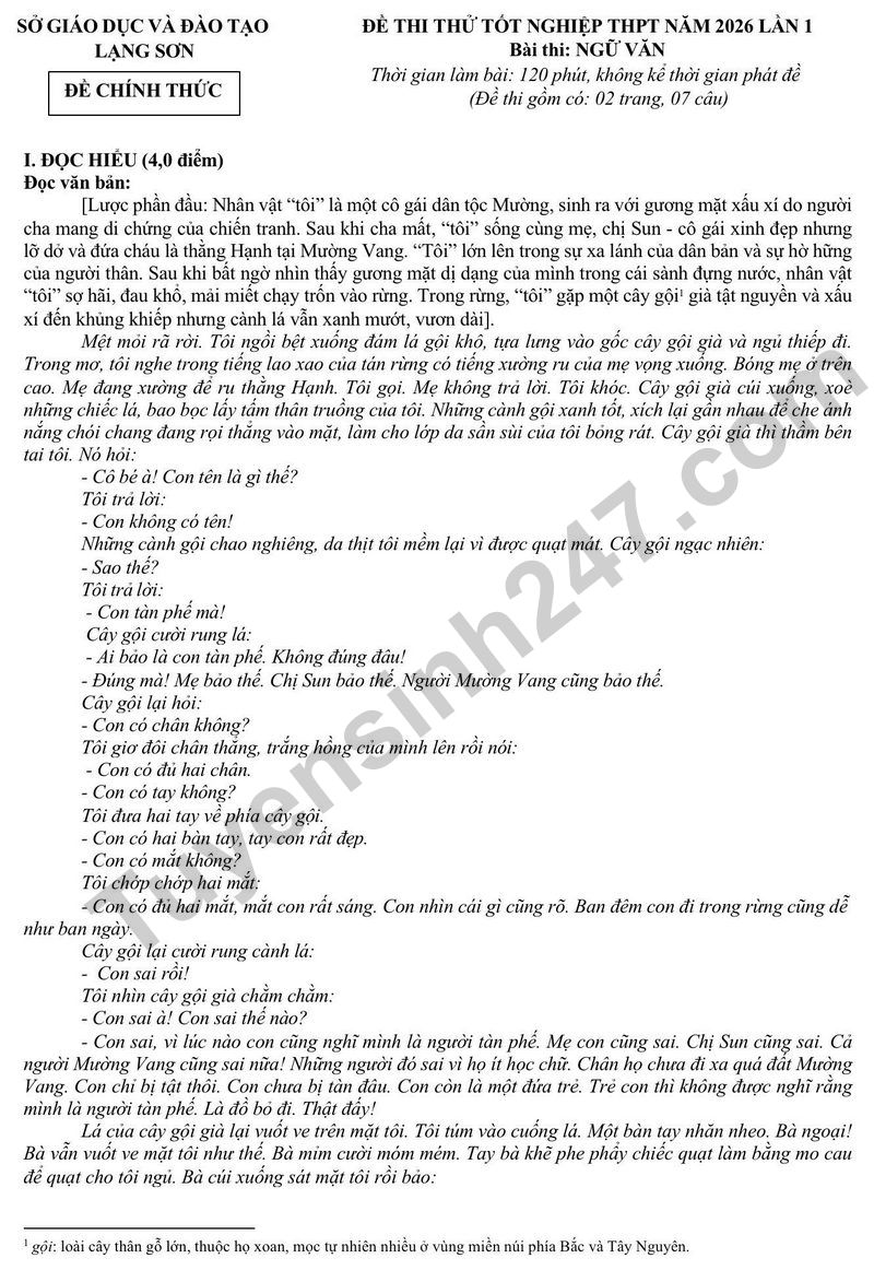 De thi thu tot nghiep THPT 2026 mon Van lan 1 So GDDT Lang Son (Co dap an)