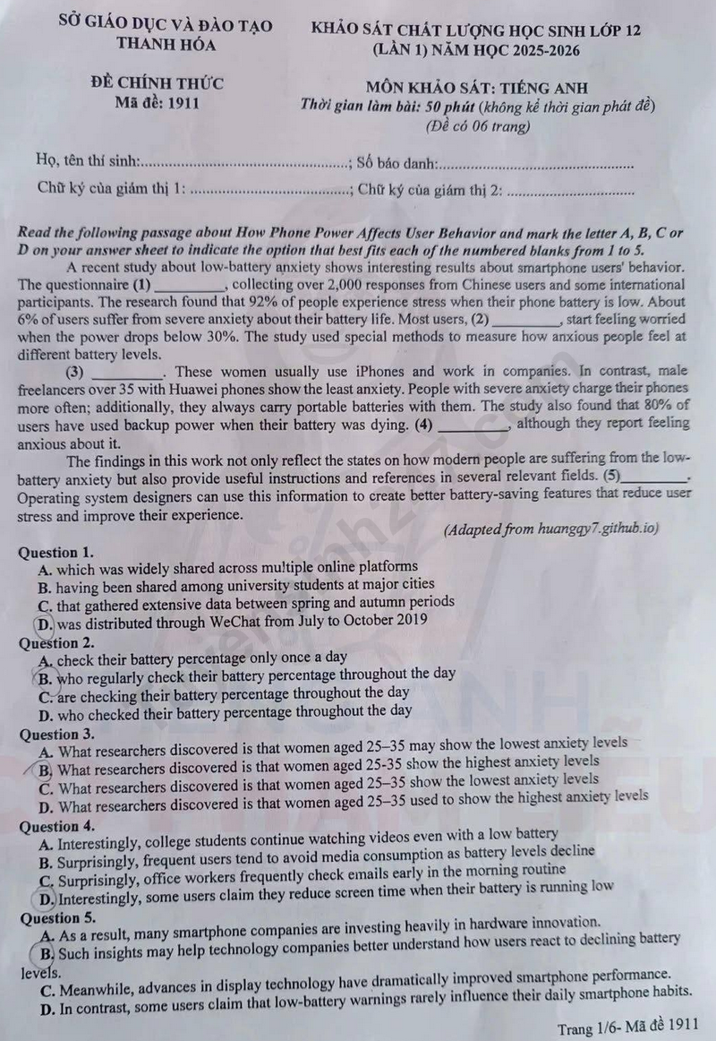 De thi thu tot nghiep THPT 2026 mon Anh - So GD Thanh Hoa lan 1 (Co dap an)
