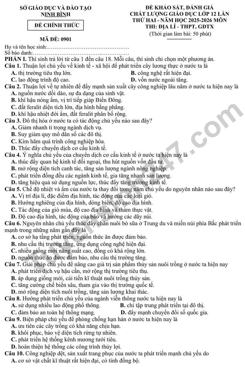 De thi thu mon Dia tot nghiep THPT 2026 lan 2 - So GD Ninh Binh