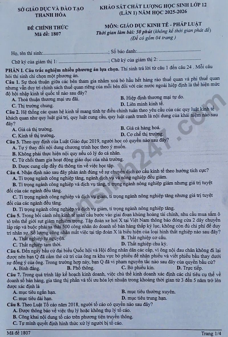 De thi thu tot nghiep THPT 2026 mon GDKTPL lan 1 - So GD Thanh Hoa