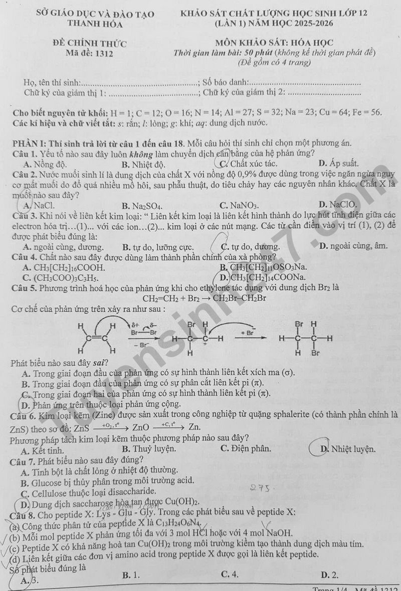 Dap an va de thi thu tot nghiep THPT 2026 mon Hoa lan 1 - So GD Thanh Hoa