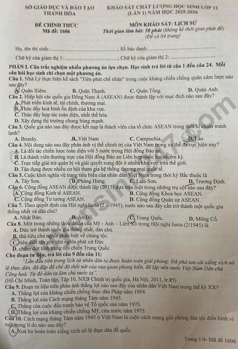 Dap an va de thi thu tot nghiep THPT 2026 mon Lich su lan 1 - So GD Thanh Hoa