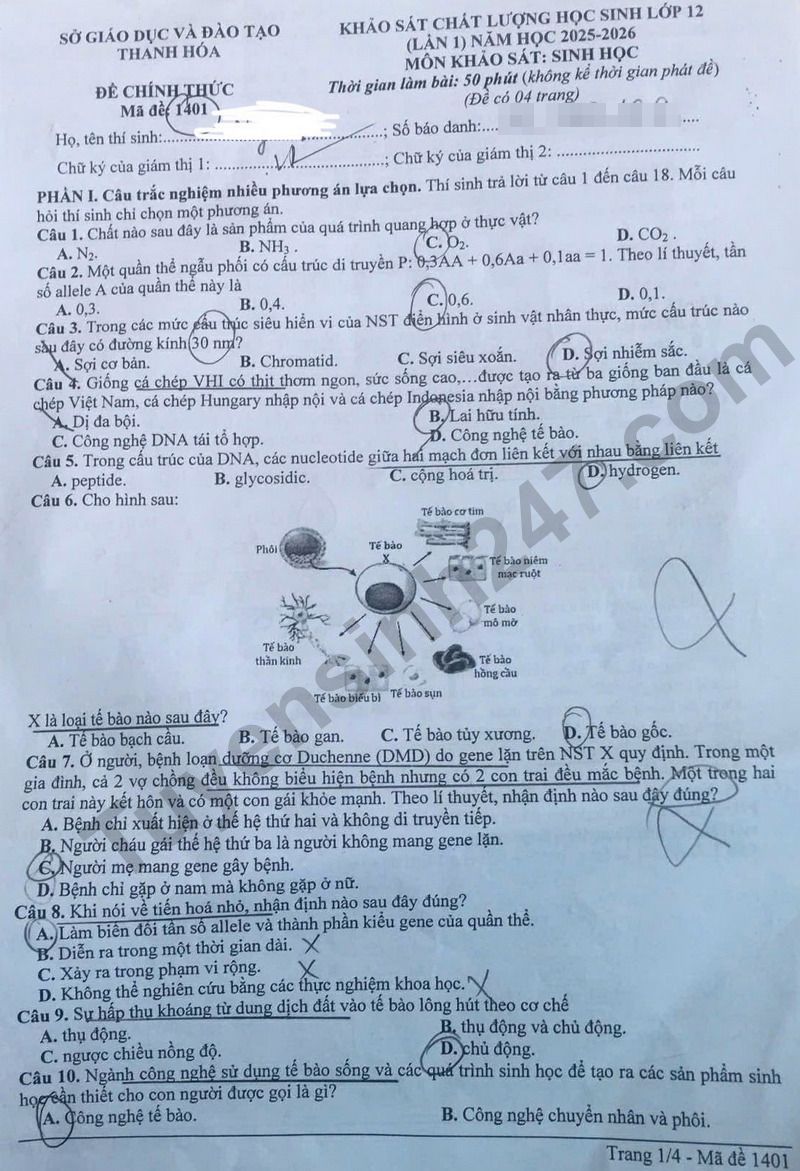De thi thu tot nghiep THPT 2026 mon Sinh lan 1 - So GD Thanh Hoa (Co dap an)