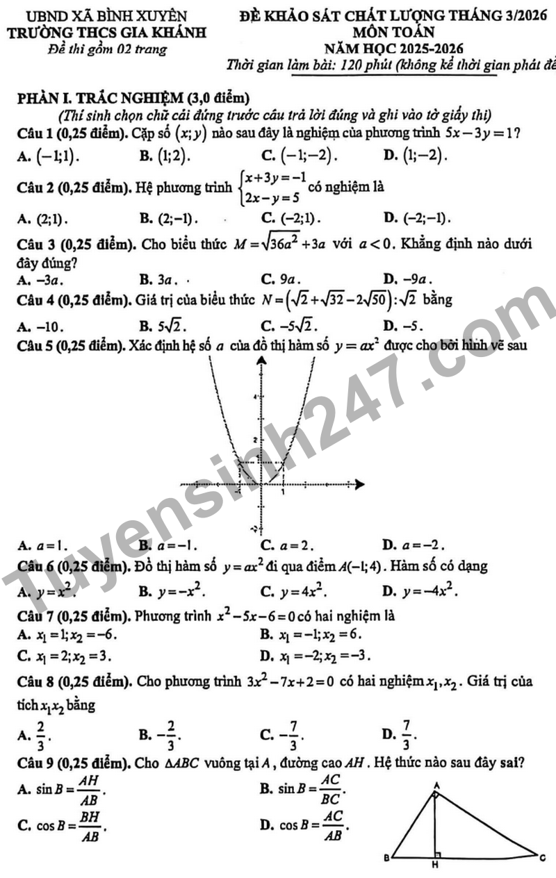De khao sat Toan 9 Truong THCS Gia Khanh nam 2026