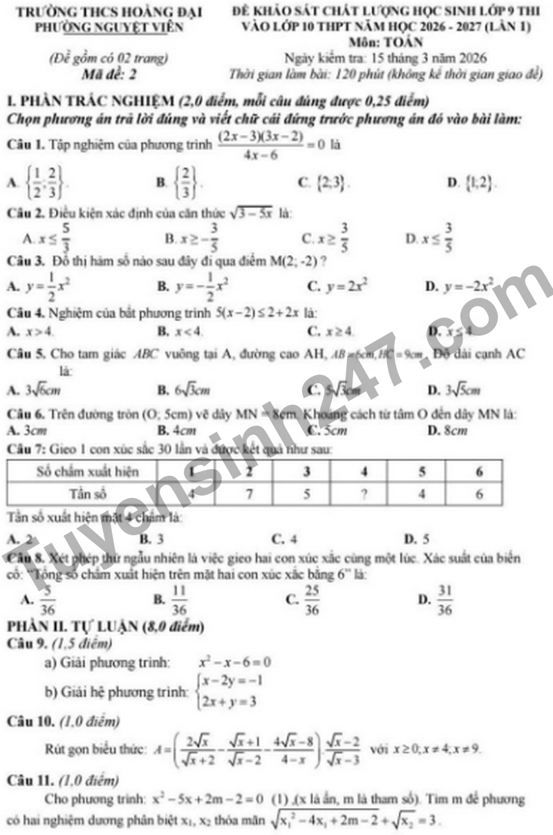 De khao sat chat luong vao 10 Truong THCS Hoang Dai nam 2026