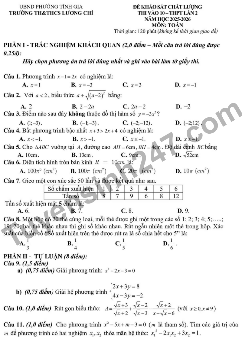 De khao sat chat luong vao 10 lan 2 Truong TH&THCS Luong Chi nam 2026 (Co dap an)