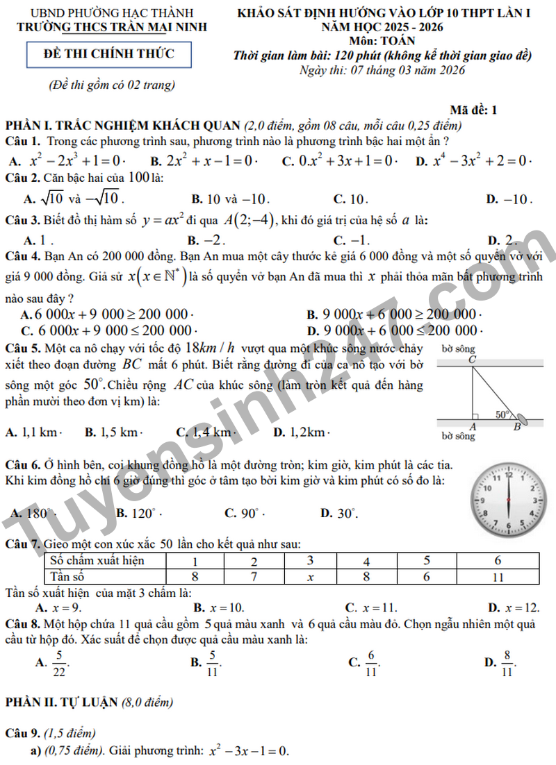 De khao sat thi vao 10 Truong THCS Tran Mai Ninh nam 2026 (Co dap an)