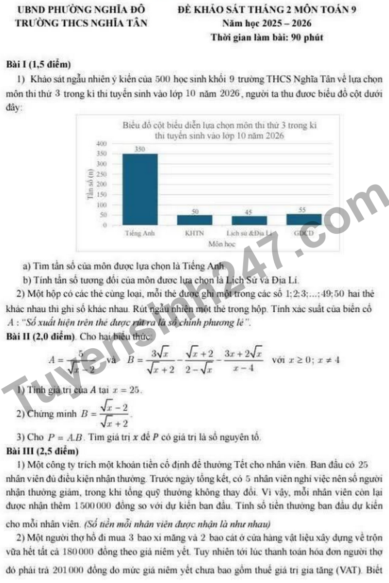 De khao sat Toan 9 Truong THCS Nghia Tan nam 2026 (Co dap an)