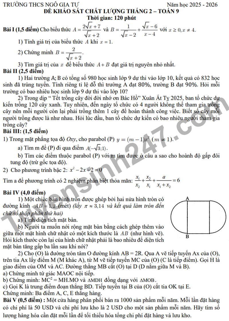 De khao chat luong Toan 9 Truong THCS Ngo Gia Tu nam 2026 (Co dap an)