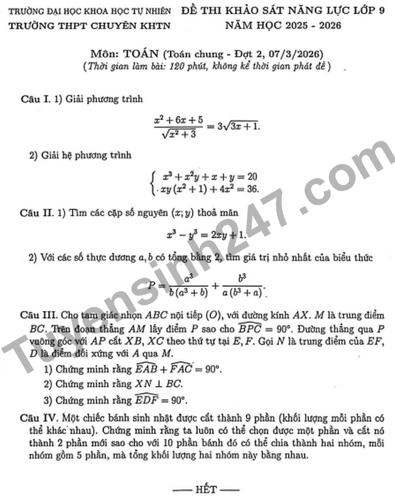 De khao sat Toan 9 Truong THPT Chuyen KHTN nam 2026 (Co dap an)