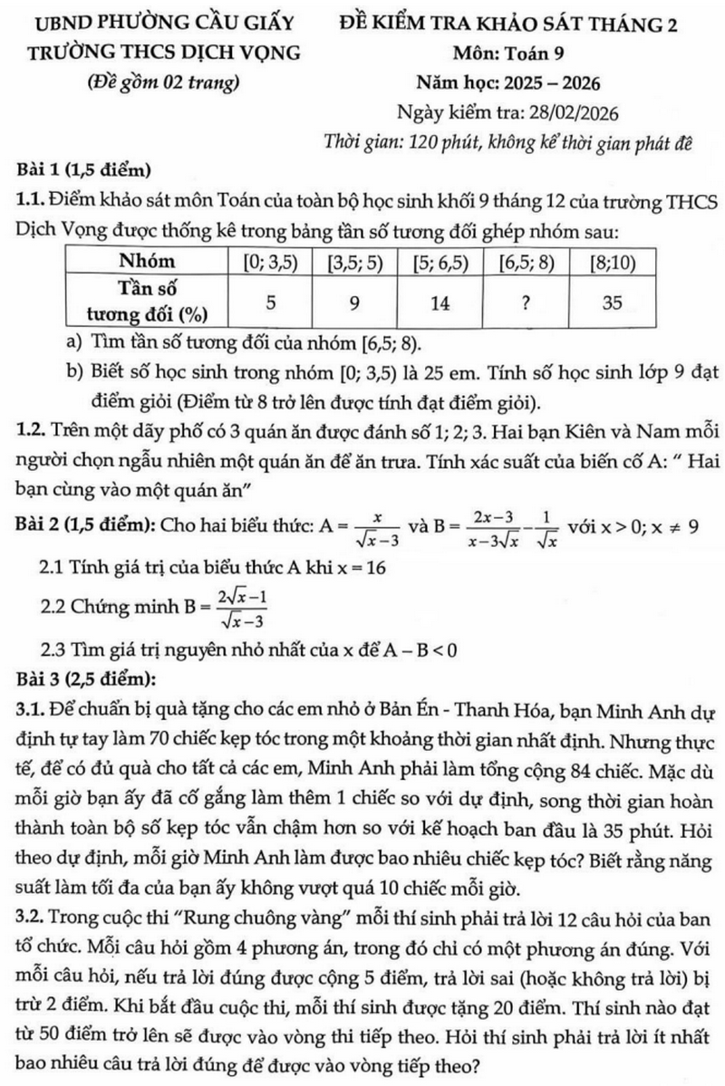 De khao sat Toan 9 Truong THCS Dich Vong thang 2 nam 2026