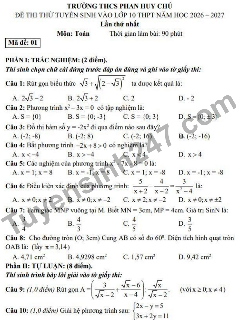 De thi thu vao 10 Truong THCS Phan Huy Chu nam 2026 (Co dap an)