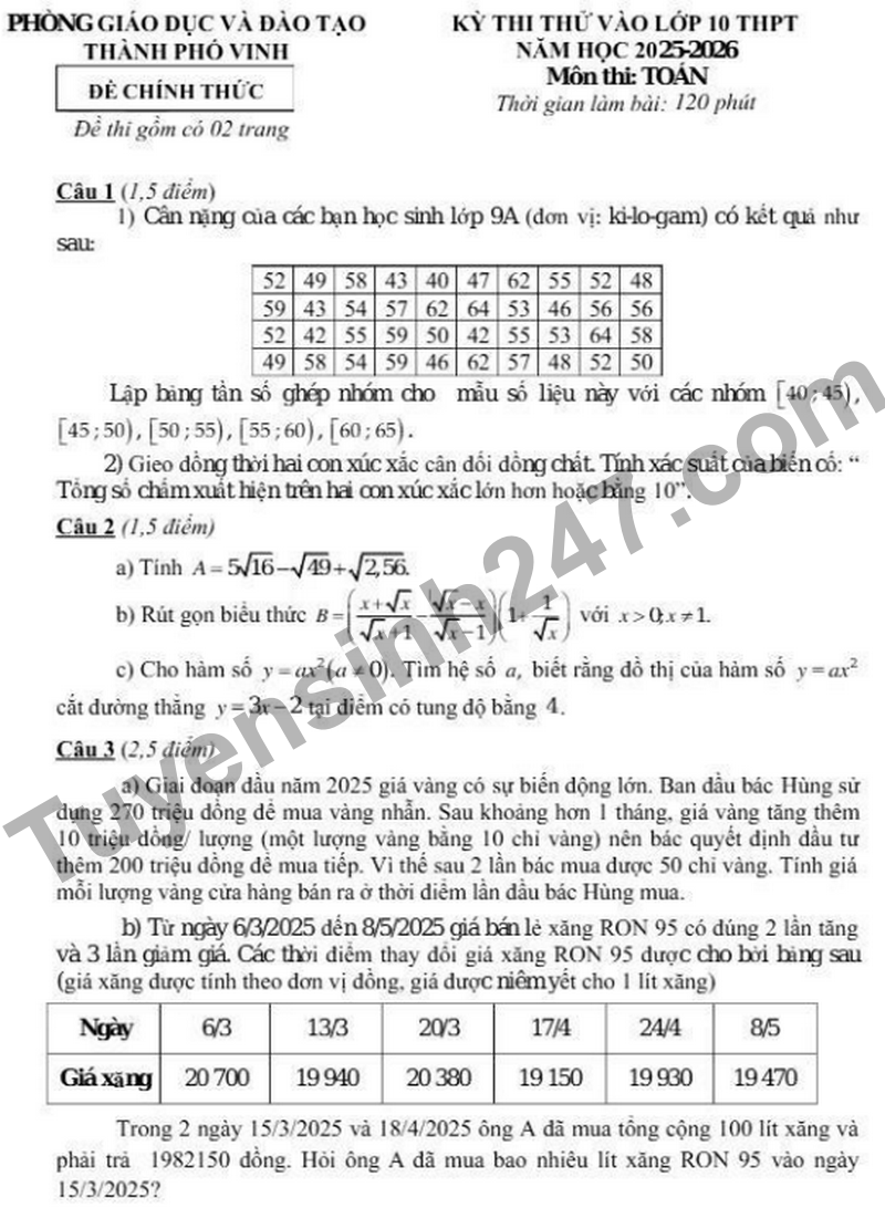 De thi thu vao 10 mon Toan Thanh pho Vinh Nghe An nam 2026 (Co dap an)