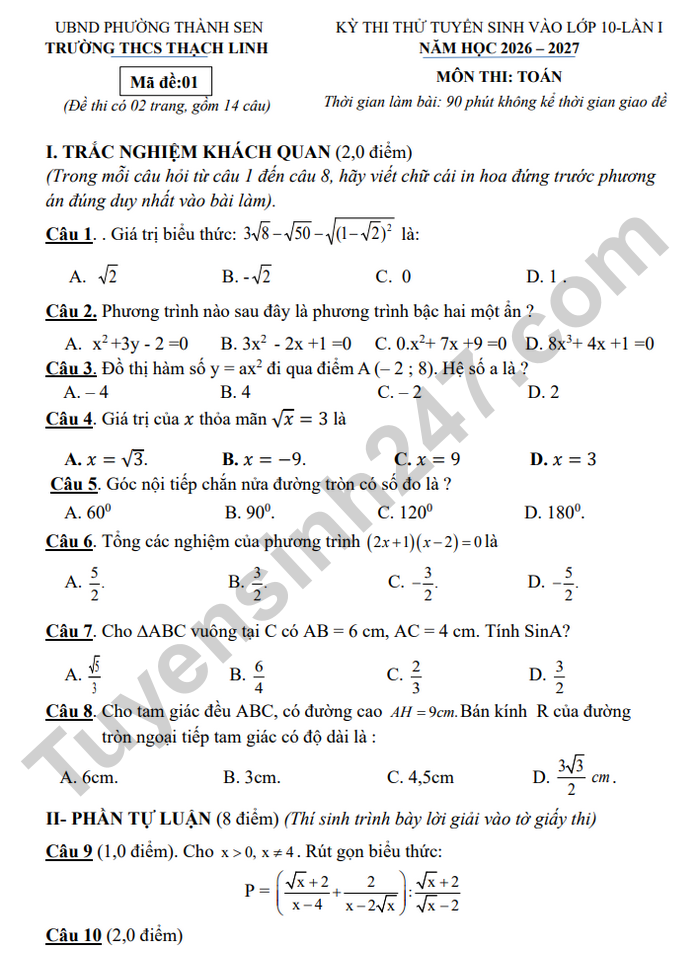 De thi thu vao lop 10 mon Toan 2026 - THCS Thach Linh lan 1